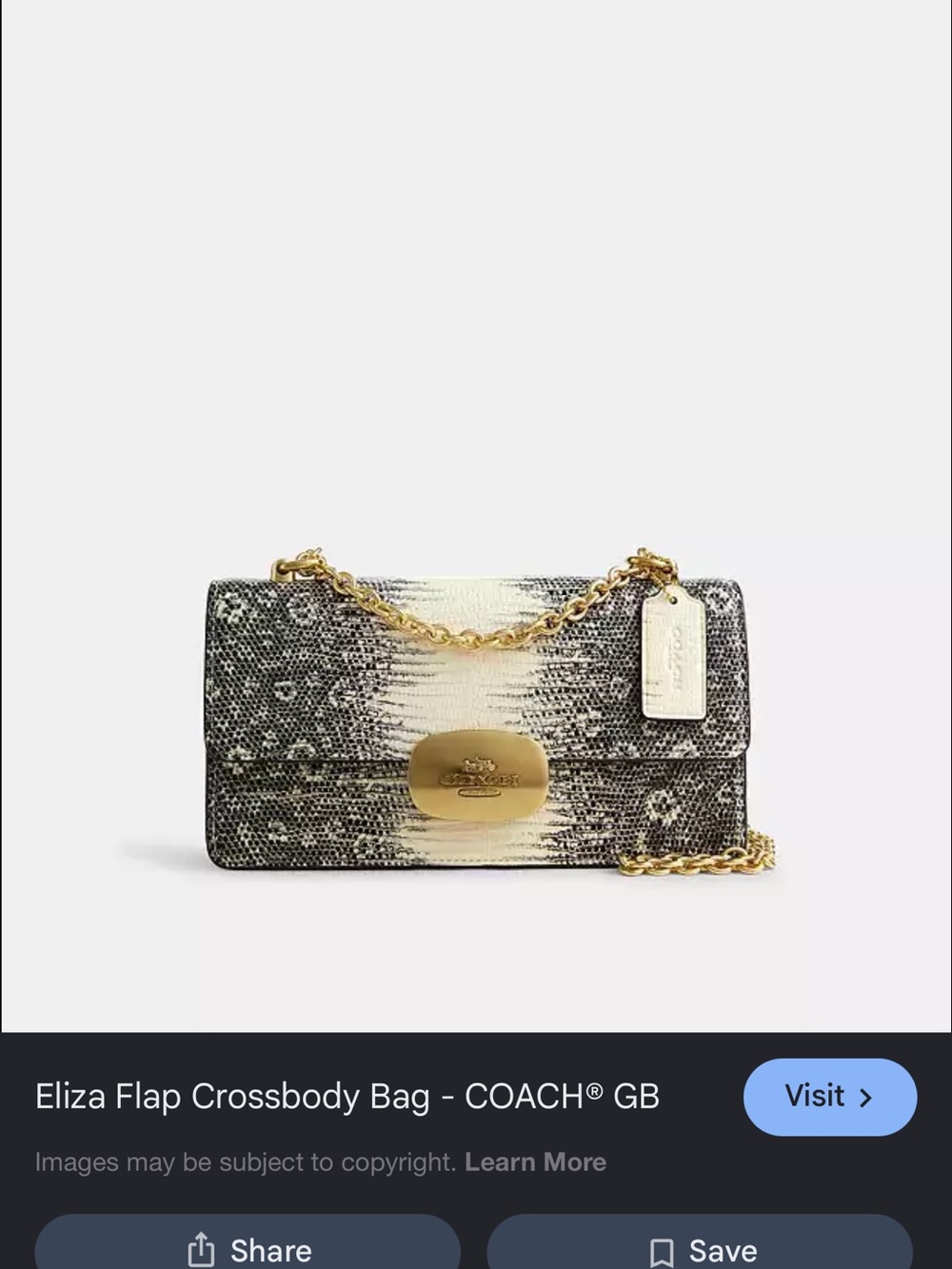 COACH Eliza Flap Crossbody Bag in Black and Cream Snake Print